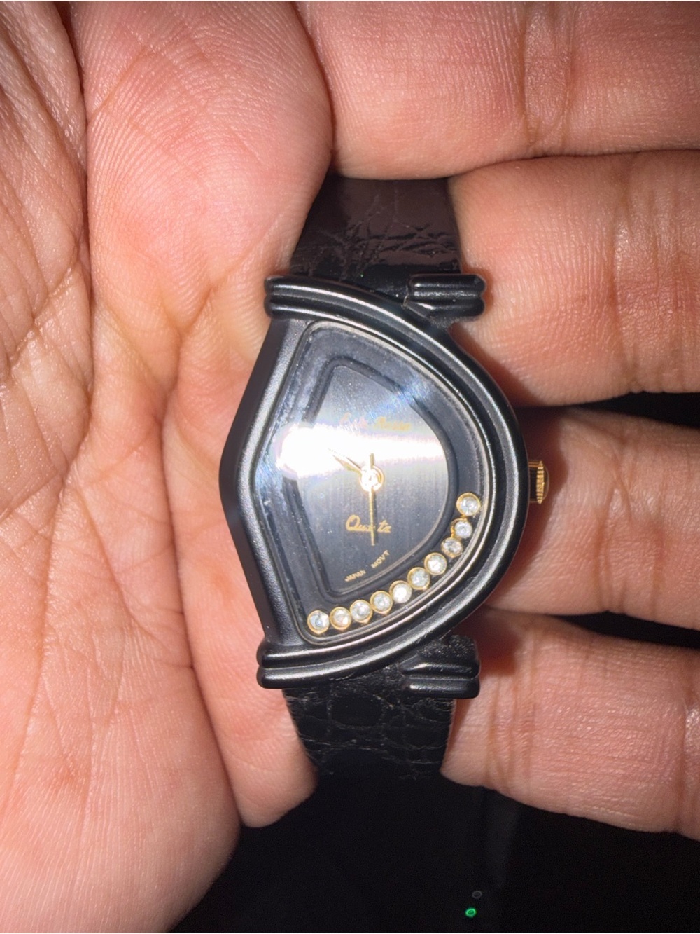 Black Teardrop Quartz Watch with Crystal Accents